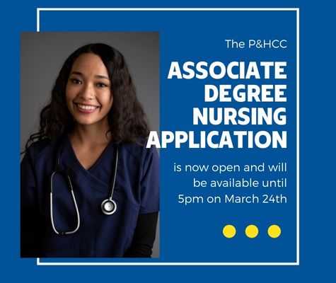 The associate Degree Nursing application is now open until March 24, 2023 at 5pm. Click the image to access the application.